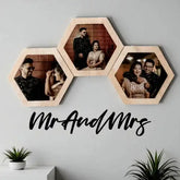 Wedding Frame Set - Personalized Wall Frames with three hexagon wood photo frames and black acrylic 'Mr. & Mrs.' decor, ideal for home decor.